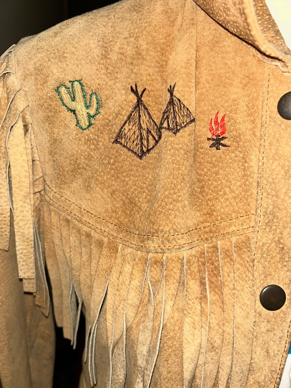 RARE! AUTHENTIC 70s sz 4-6 TAN Fringed PIG Suede Western Jacket With embroidery - Picture 7 of 10